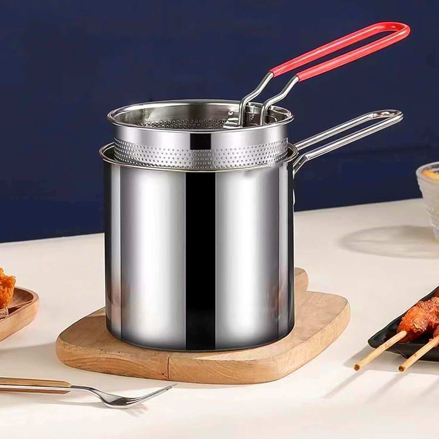 Small Deep Frying Pot With Strainer Basket (2 Pc Set) - Fynkkart