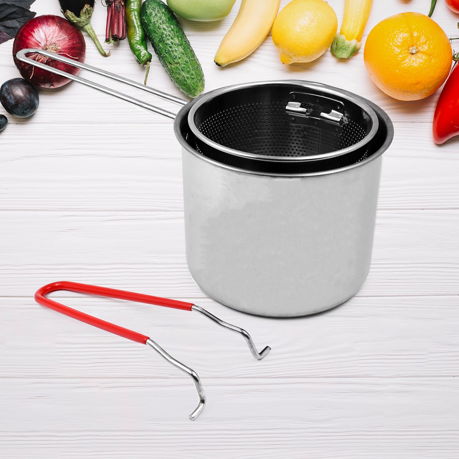 Small Deep Frying Pot With Strainer Basket (2 Pc Set) - Fynkkart